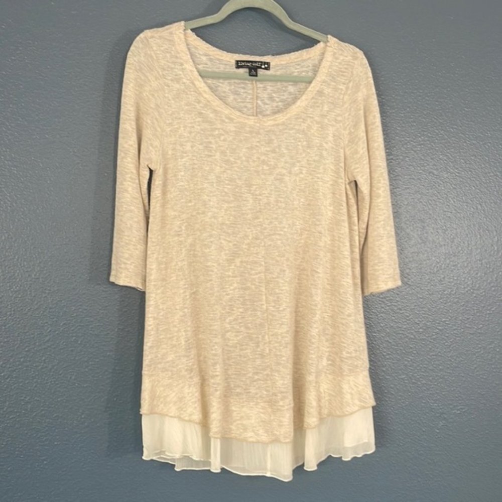 Living Doll  Tan Ruffle Blouse half sleeve long line blouse woman’s tunic top
